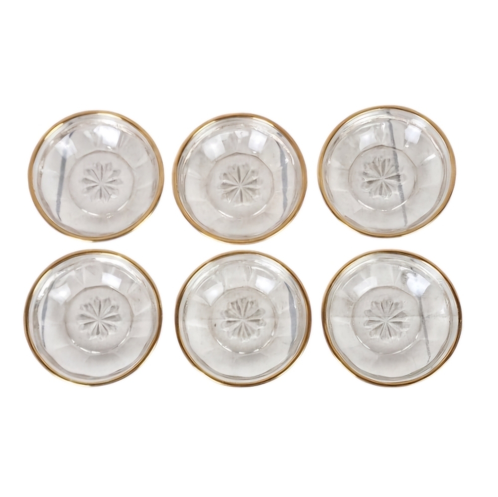 Art Deco Salt Barrel Salt Cellar Pressed Glass Star Motif Gold Rim Set of 6
